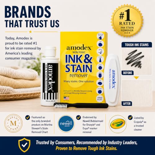 Amodex Ink & Stain Kit with Stain Remover Brushes, Removes Ink, Sharpie, Grease, Food and More, Safe and Effective on Clothes, Leather and Skin, Includes 1 Bottle and 2 Brushes - style: Stain Remover Brush Kit