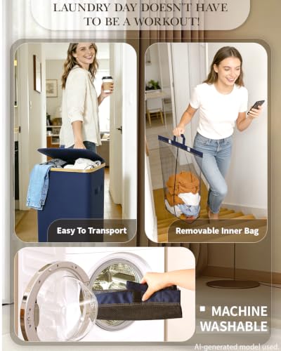 Laundry Hamper with Wheels, 75L Rolling Laundry Basket, Removable Inner Bag - color: Blue, size: 75L