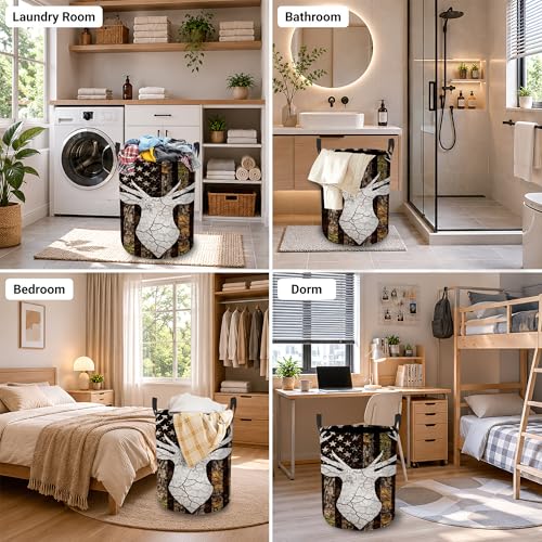 Laundry Hamper, Deer Antlers Collapsible Camo Flag Laundry Baskets Waterproof Oxford Cloth With Handles, Clothes Storage Bucket For Bathroom/Bedroom 16" x 20.8" - color: Deer Antlers