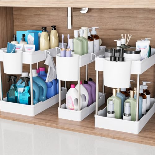 3 Pack Under Sink Organizer Bathroom and Storage Cabinet (White) - color: White
