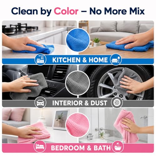 GLIMGLINT Microfiber Cleaning Cloth 150 Pack, Reusable Paper Towels 11 x 9 - color: Blue/Pink/Grey