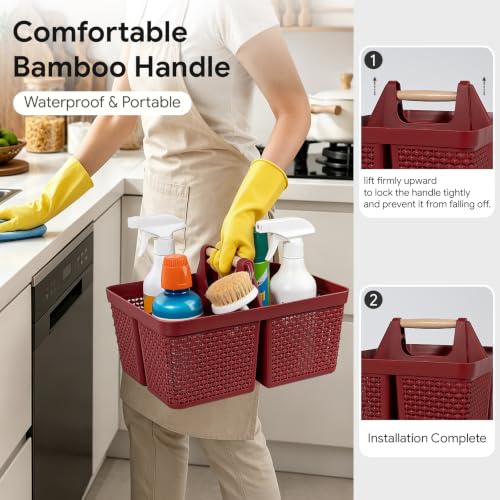 UUJOLY Portable Plastic Shower Caddy Basket with Wooden Handle, Red - color: Red