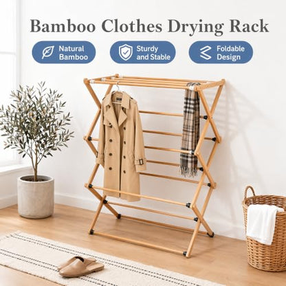 Foldable&Dismountable 3-Tier Bamboo Clothes Drying Rack, Multi-Tier Collapsible Laundry Hanger, Space Saving Garment Stand for Indoor Outdoor Balcony Bathroom. (Original, 28" D X 15" W X 39.3" H)