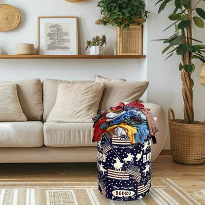 Western Cowboy Laundry Basket Oxford Cloth Foldable Hamper 18.9x16.5 Inch - color: Western Cowboy With American Flag