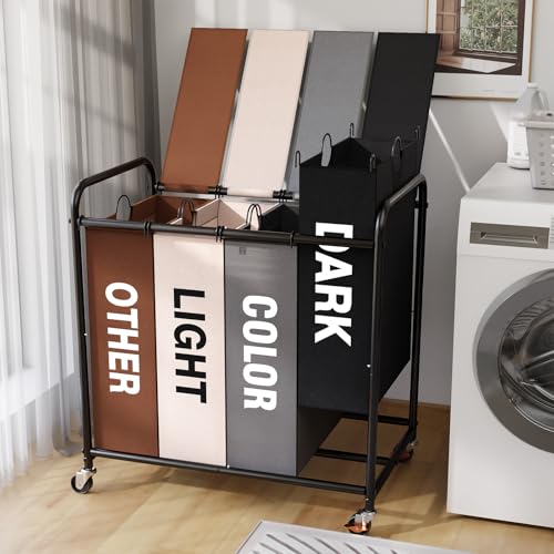 180L Laundry Sorter 4 Section with Lockable Wheels and Lid Multicolor - color: Multicolor-4 Sec, size: 48Gal