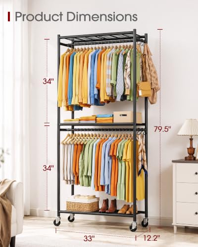Sakugi Clothes Rack - 33.0" x 12.2" x 79.5" Clothing Rack with Shelves & Wheels, Multi-Functional Wardrobe Closet with Hooks, Sturdy Metal Garment Rack for Bedroom, Laundry, Balcony (Black) - color: Black, size: Large