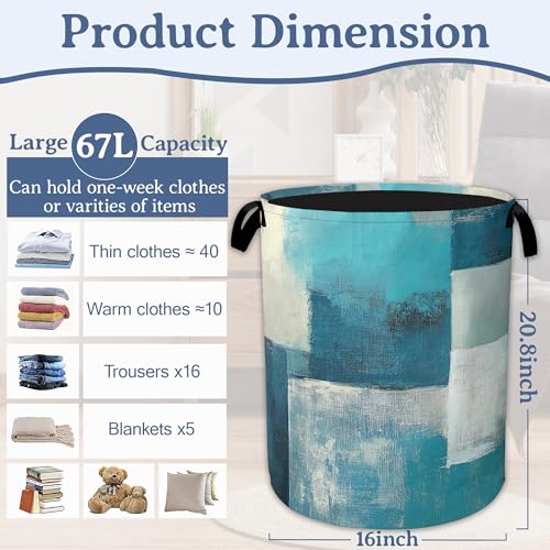 Turquoise Grey Abstract Art Painting Laundry Basket,Foldable Oxford Cloth Geometric Laundry Hamper with Handles, 20.8"x16" Tote Bag Clothes Storage Bucket for Laundry Room/Bathroom/Bedroom/Dormitories - color: Turquoise and Grey Abstract Art Painting