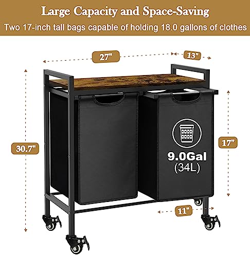 Double Laundry Hamper with Wheels & 2 Pull Out Section Removable Bags, Extra Large Dual Rolling Laundry Sorter Basket Organizer with Shelf for Bathroom, Bedroom, Laundry Room, 2 x 9Gal, Black