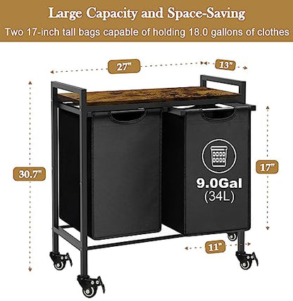 Double Laundry Hamper with Wheels & 2 Pull Out Section Removable Bags, Extra Large Dual Rolling Laundry Sorter Basket Organizer with Shelf for Bathroom, Bedroom, Laundry Room, 2 x 9Gal, Black