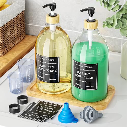 Moforoco Liquid Laundry Detergent Dispenser with Bamboo Tray, 2 Pack 64 Oz Plastic Laundry Soap Dispenser, Fabric Softener Dispenser with Pump and Labels for Laundry Room Decor and Organization