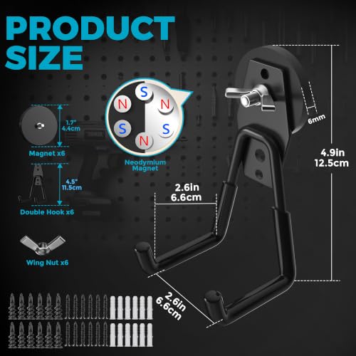 6Pcs Large Strong Magnetic Hooks Heavy Duty Garage Big Magnet Hooks Extra Strength Magnetic Utility Storage Hook Hanger with Anti Slip Coating for Garden Indoor Outdoor Hanging Tools Black - color: 6 Pack-Black