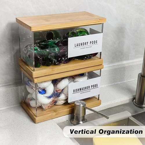 Coffee Pod Holder Laundry Pods Container, Acrylic Dishwasher Pod Container with Bamboo Lid and Extra Labels, Candy Dispenser for Coffee Bar Kitchen Countertop