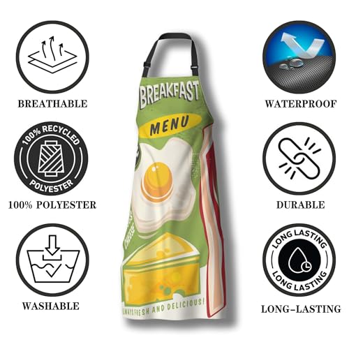 Apron Kitchen for Men Breakfast Menu Baking Aprons for Women for Kitchen Cooking Restaurant BBQ Painting Crafting Gardening 27” (W) x 31” (H), Waterproof Apron - color: Breakfast Menu