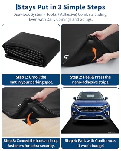 Garage Mat with Raised Edge, 1000D PVC Non-Slip Floor Protector for Cars Trucks SUVs, Snow Melt Containment Tray for Winter, Comes with Squeegee & 8 Attachment Straps, 4 Size Options (7.9x16 to 8.6x22