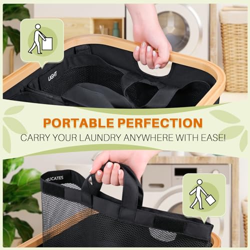 145L Laundry Hamper with Lid, 3 Section Laundry Basket with 3 Removable Bag - color: Black, size: 145L