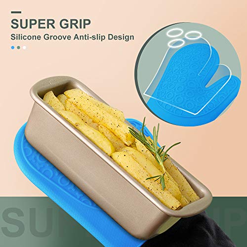 Silicone Oven Mitts - 14.6" Heat Resistant Oven Gloves for Baking, Cooking - color: Blue & Black, size: 14.6in Oven Mitts