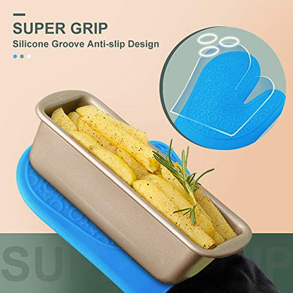Silicone Oven Mitts - 14.6" Heat Resistant Oven Gloves for Baking, Cooking - color: Blue & Black, size: 14.6in Oven Mitts