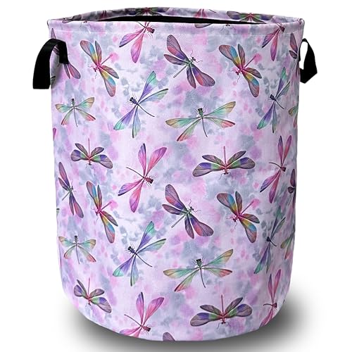 Watercolor Dragonfly Laundry Basket Oxford Cloth Foldable Hamper18.9x16.5In - color: Pink Wtercolor Dragonfly