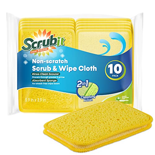 Scrub and Wipe Cleaning Pads [10 Pack] – SCRUBIT Dual Sided Scouring Pad and Sponge - Reusable Kitchen Scrubbing Sponges for Dishes, Pots, Pans Utensils & Non-Stick Cookware (Yellow) - color: Yellow