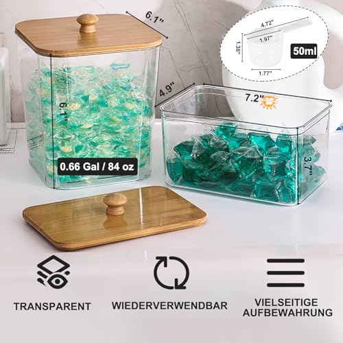 FUSHITON Laundry Pods Storage Container, 3+1 Clear Storage Bins with Bamboo Lids for Detergent Pods, Scent Beads & Dryer Sheets, Includes 16 Labels and 3 Measuring Scoops - size: 3+1 Set