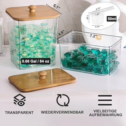 FUSHITON Laundry Pods Storage Container, 3+1 Clear Storage Bins with Bamboo Lids for Detergent Pods, Scent Beads & Dryer Sheets, Includes 16 Labels and 3 Measuring Scoops - size: 3+1 Set