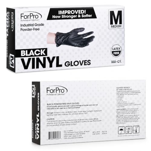 ForPro Disposable Vinyl Gloves, Industrial Grade, Powder & Latex Free, Non-Sterile, Food Safe, 2.75 Mil Palm, 3.9 Mil Fingers - color: Black, size: Medium (Pack of 100)