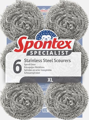 Spontex Specialist Stainless Steel Scourers | XL | Tough Metal Scourers for Professional Washing Up, Grease Removal and Dish Scrubbing | 6 Pack - style: Specialist Stainless Steel Scourers (Pack of 6)