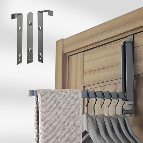 Folding Clothes Drying Rack with 3 Brackets for Over The Door and Wall Mount, All Metal Laundry Dryer Rack with Retractable Rod for Towel, Fit Doors Thickness from 0.59in to 1.96in (Space Grey) - color: Grey/3 Brackets