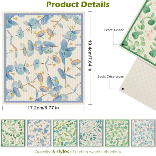 6 Pcs Swedish Paper Cloths for Kitchen, Reusable Paper Towels Washable - color: Eucalyptus Leaves