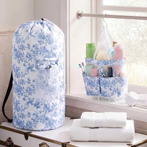 2 Pcs Backpack Laundry Bag and Caddy Set for Dorm and Travel, Floral, Blue - color: Blue