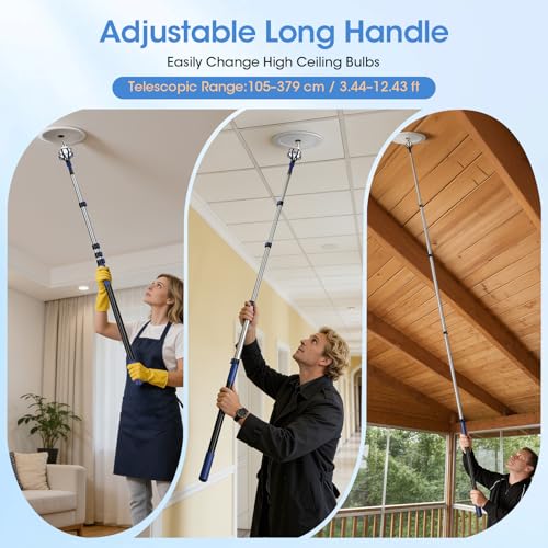 20FT Reach Light Bulb Changer for High Ceilings with 3.4-12.4FT Telescopic Extension Pole, 11PCS Reusable High Ceiling Fan Duster Kit for Recessed Lights, High Ceiling Window Cleaning