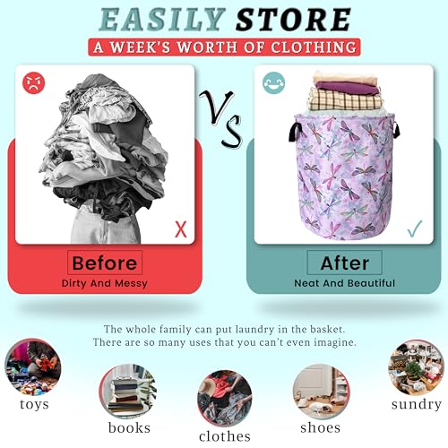 Watercolor Dragonfly Laundry Basket Oxford Cloth Foldable Hamper18.9x16.5In - color: Pink Wtercolor Dragonfly