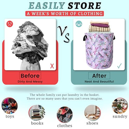 Watercolor Dragonfly Laundry Basket Oxford Cloth Foldable Hamper18.9x16.5In - color: Pink Wtercolor Dragonfly