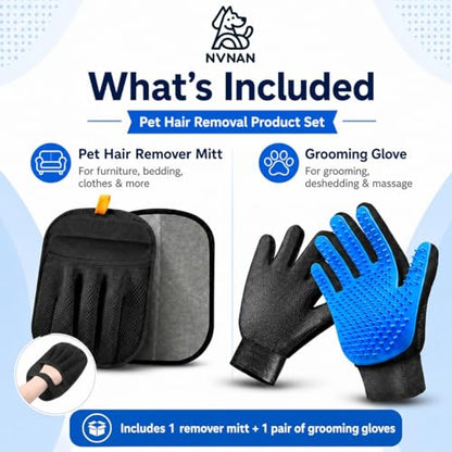 NVNAN 3 PCS Pet Hair Removal Glove and Pet Hair Remover - color: Big Fabric Pet Hair Gloves+Pet Grooming Brush