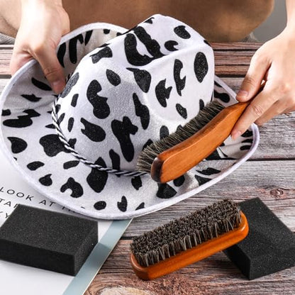 4 Pcs Horsehair Felt Hat Brush Kit with Cleaning Sponge Cowboy Clean Hat Wood Fedora Hat Cleaning Set Baseball Cap Lint Brush Remove Dust for Hair Furniture Suits Clothes(Style A) - style: Style A