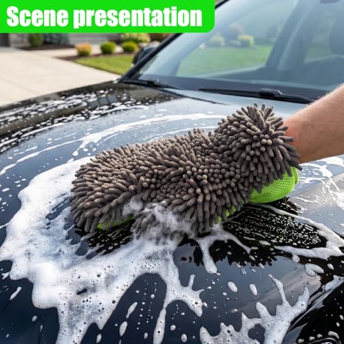 2PCS Microfiber Car Wash Mitts, Double-Sided 5-Finger Dusting Gloves, Anti-Scratch Chenille Drying Towel, Vehicle Interior & Exterior Detailing Tool for Cleaning Wheel Tight Spot (Gray) - color: Gray
