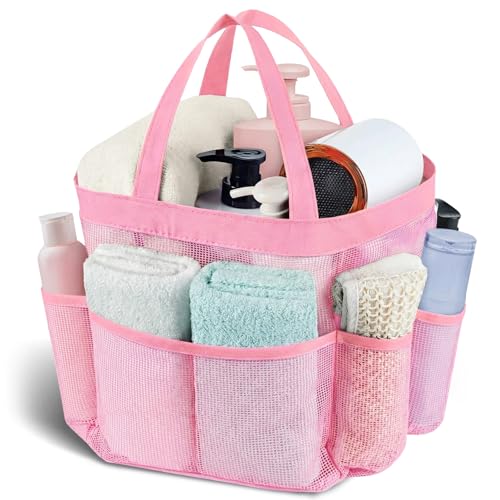 Mesh Shower Caddy Portable - 9 Pockets, Shower Bag for Dorm Room Camping - color: light pink