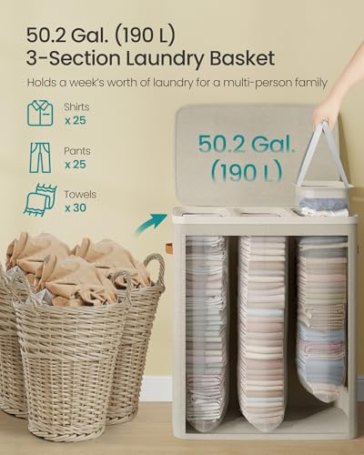 SONGMICS Laundry Basket, 190L Laundry Hamper with Lid, 3 Removable Bags - color: Cappuccino Beige, size: 190 L (3-Section)