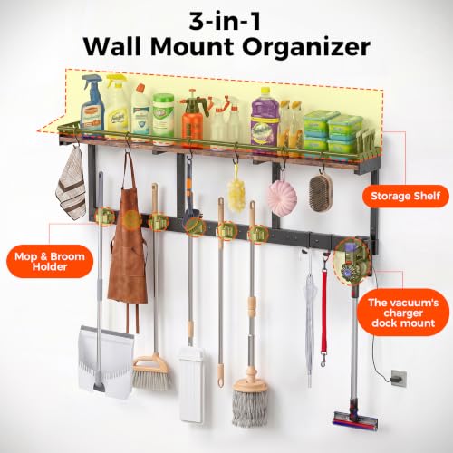 Broom Holder Wall Mount with Shelf,Broom Hanger,3 in 1 Broom and Mop Organizer Wall Hanging for Laundry,Garage,Utility,Broom Rack,Vacuum Stand Alternative,Cleaning Supplies Organizer Storage,Black,XL - color: Black, size: XL