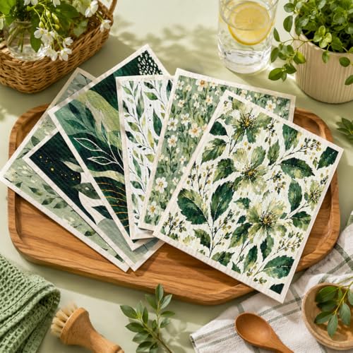 Shwing Swedish Dishcloths for Kitchen 6 Pack Green Botanical Leaf Floral Pattern Reusable Paper Towels Kitchen Towels Dish Cloths for Washing Dishes Washable Quick Drying Absorbent Cleaning Cloths - color: Green Botanical Leaf