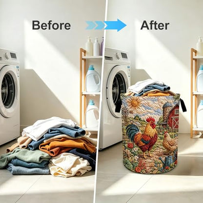 Rooster Print Laundry Basket Foldable Oxford Laundry Hamper With Handle For Room Bathroom Bedroom - color: Rooster