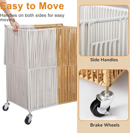 WOWLIVE Rolling Laundry Basket Wheels, Handwoven Laundry Hamper with Lid - color: White and Natural, size: 115L(22 x 13 x 26.4 Inches)