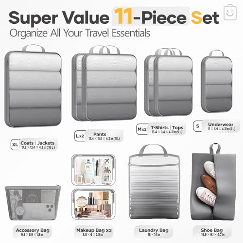 Veken 11 Set Compression Packing Cubes Garment Bags for Travel Essentials,Compressible Expandable Luggage Organizer Bags for Clothing,Space Saver Bags with Over 1000 pcs of Mesh Holes(Gray) - color: Gray, size: 11 set