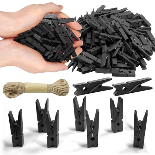 1.35 Inch Mini Clothes Pins for Photo100 Pcs with 32 Feet Jute Twine, Mini Clothes Pins for Crafts, Wooden Small Clothespins for Pictures, Tiny Decorative Clothespins for Baby Shower - Black - color: Black 100pcs