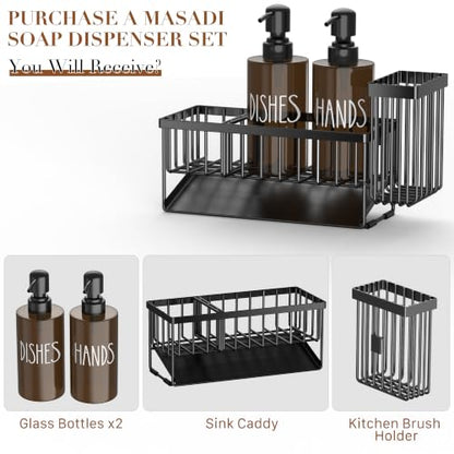 MASADI Kitchen Dish Soap Dispenser Set with Sponge Holder, 12OZ Glass Bottle, Hand and Dish Soap Dispenser Set, Non-Slip Silicone Pad, Brush Holder, Kitchen Sink Organizer Countertop (Black+Amber) - color: Black+amber