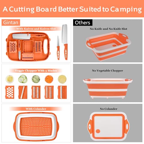 Camping Cutting Board, HI NINGER Collapsible Chopping Board with Colander, 9-In-1 Multi Kitchen Vegetable Washing Basket,Camping Gifts Accessories for RV Campers - color: Orange