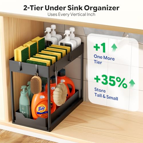 Ekisemio 2 Pack 2-Tier Under Sink Organizers with Sliding Drawer, Black