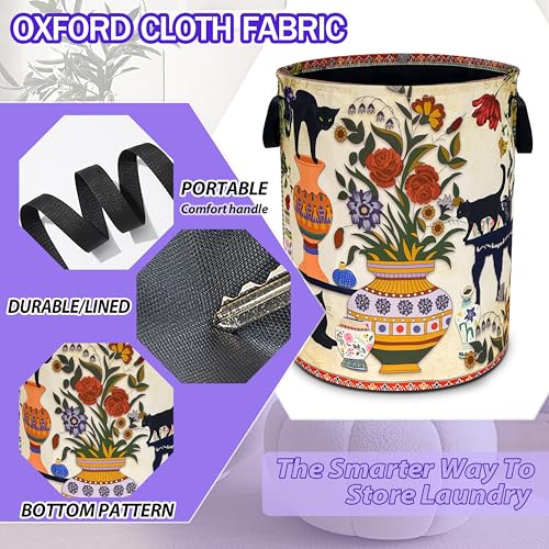 Black Cat Flower Laundry Basket Floral Vase Art Oxford Cloth Laundry Hamper - color: Black Cat Flowers