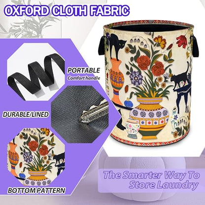 Black Cat Flower Laundry Basket Floral Vase Art Oxford Cloth Laundry Hamper - color: Black Cat Flowers