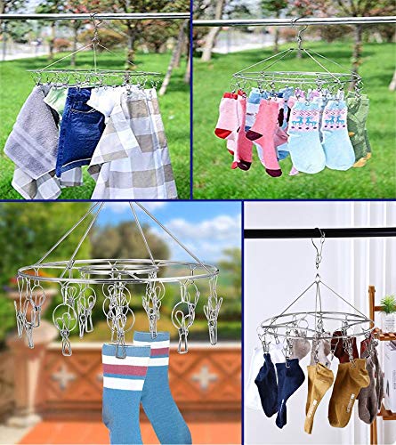 CenYouful 2 Pack Stainless Steel Round Hanging Drying Rack with 20 Clips for Drying Socks, Baby Clothes, Bras, Towel, Underwear, Hat, Scarf, Pants, Gloves - size: Circular-2 Pack
